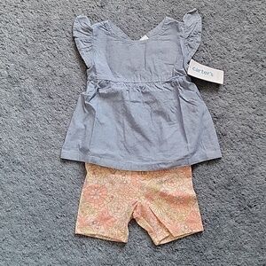 Carter's little girls 24 months 2 piece shirt and short set. NWT. Blue and pink.